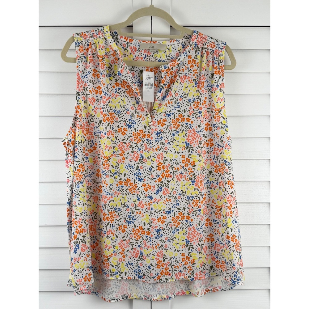 LOFT Sleeveless Top XL White Floral Split Neck Smocked NEW